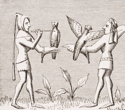 Valkeniers die hun vogels aankleden, reproductie van een miniatuur in het 14e-eeuwse manuscript 